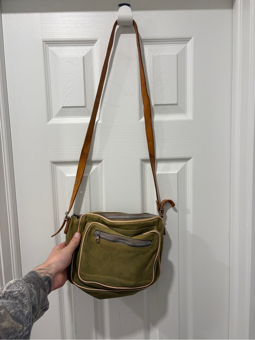 Vintage 1970s Canvas Crossbody Bag in Olive Green with Leather Strap